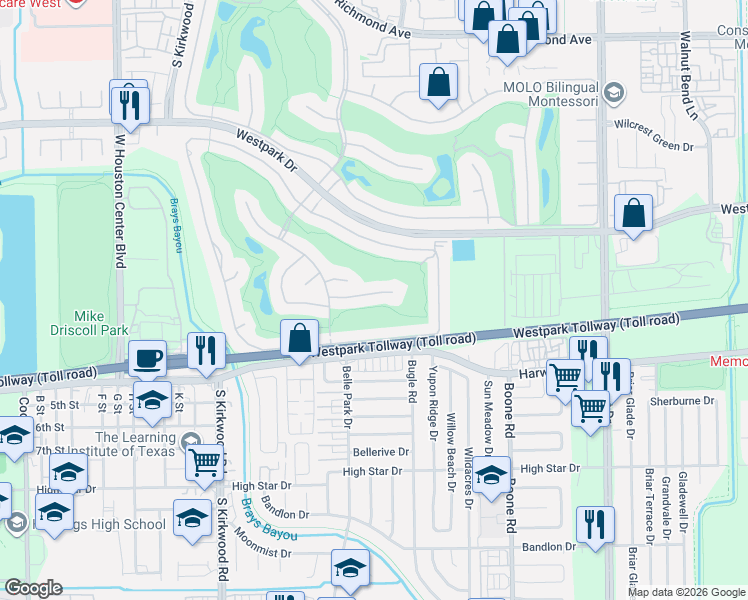map of restaurants, bars, coffee shops, grocery stores, and more near 11419 Saint Germain Way in Houston