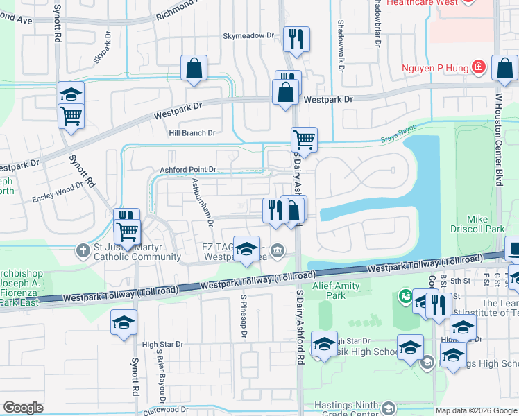 map of restaurants, bars, coffee shops, grocery stores, and more near 12660 Medfield Drive in Houston