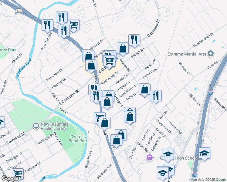 map of restaurants, bars, coffee shops, grocery stores, and more near 1305 Poppy Ln in New Braunfels