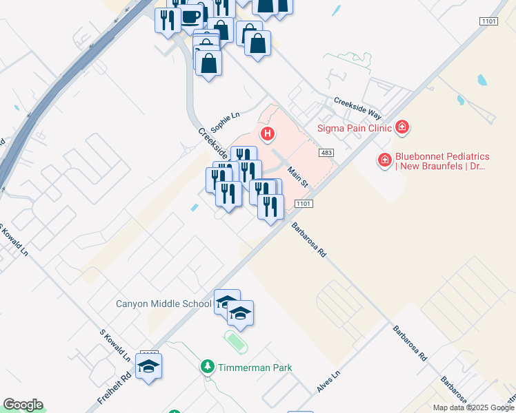map of restaurants, bars, coffee shops, grocery stores, and more near 2084 Central Plaza in New Braunfels