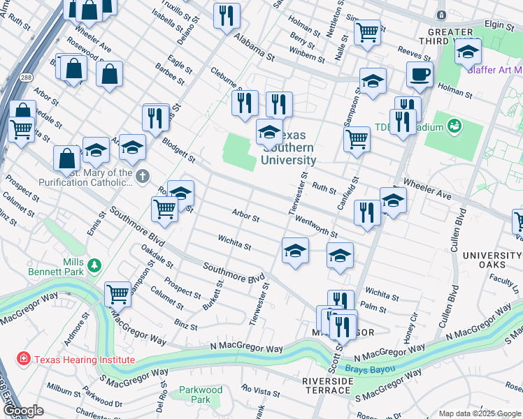map of restaurants, bars, coffee shops, grocery stores, and more near 3416 Wentworth Street in Houston