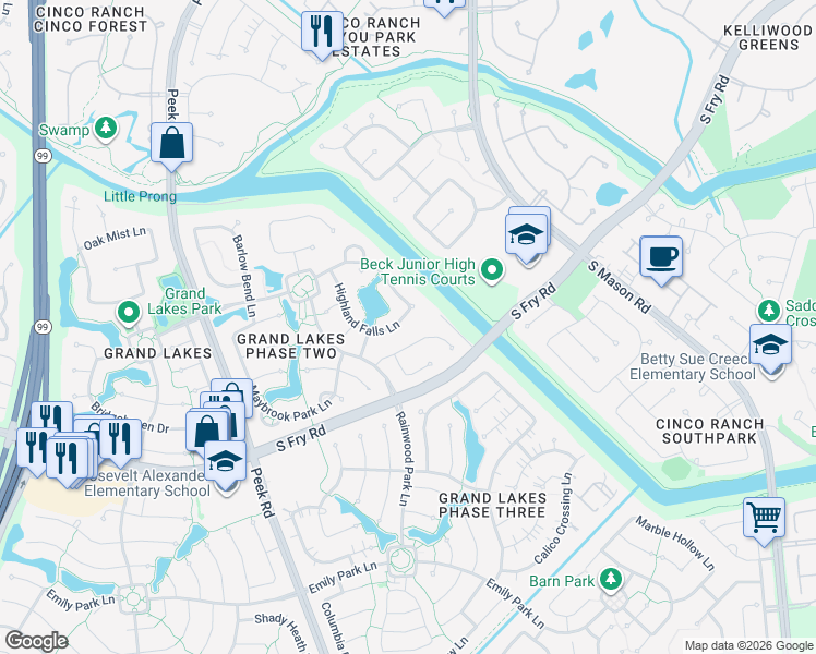 map of restaurants, bars, coffee shops, grocery stores, and more near 5418 Highland Falls Ln in Katy