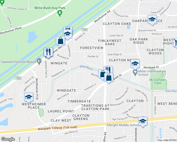 map of restaurants, bars, coffee shops, grocery stores, and more near 15834 Manfield Drive in Houston