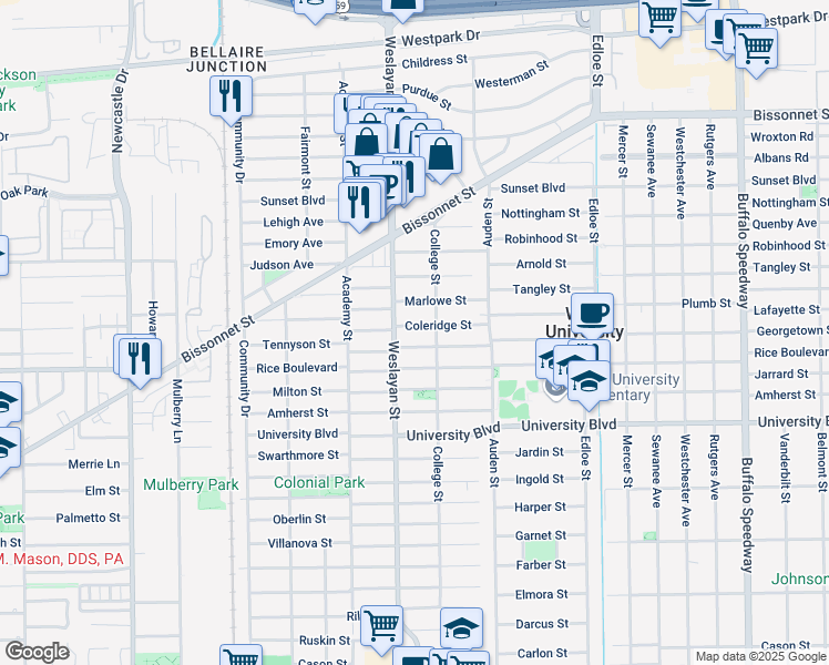 map of restaurants, bars, coffee shops, grocery stores, and more near 3919 Coleridge St in Houston