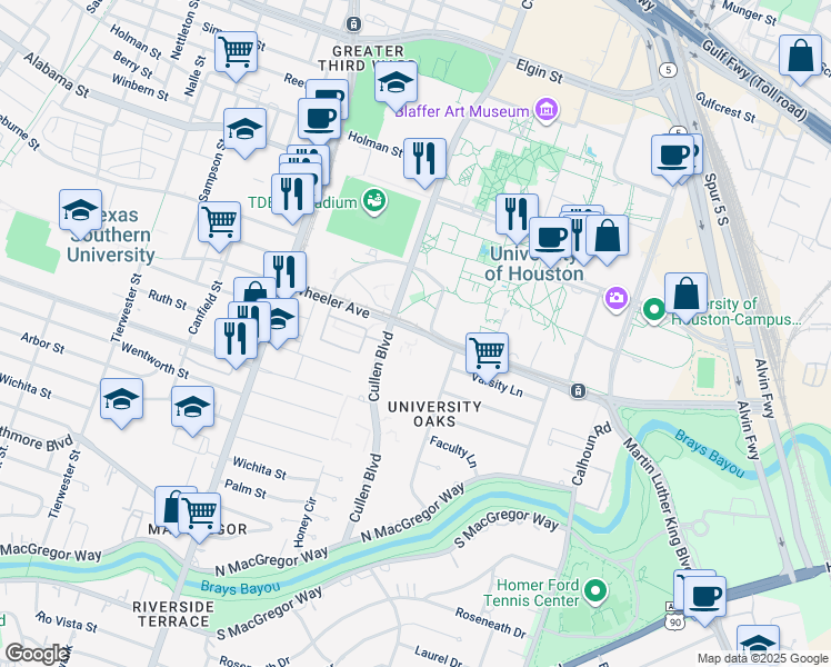 map of restaurants, bars, coffee shops, grocery stores, and more near 4202-4254 Wheeler Avenue in Houston