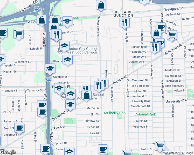 map of restaurants, bars, coffee shops, grocery stores, and more near 5619 Saint Moritz Street in Bellaire
