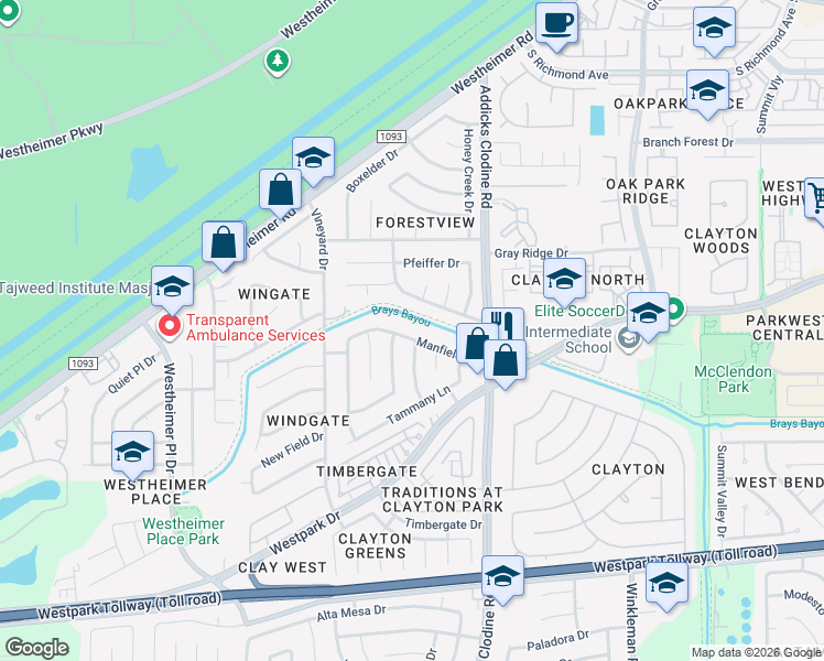 map of restaurants, bars, coffee shops, grocery stores, and more near 15834 Manfield Drive in Houston