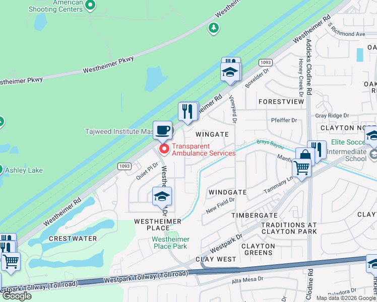map of restaurants, bars, coffee shops, grocery stores, and more near 3702 Wingate Park Drive in Houston