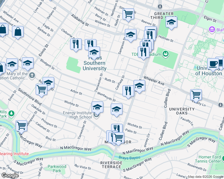 map of restaurants, bars, coffee shops, grocery stores, and more near 3545 Blodgett Street in Houston