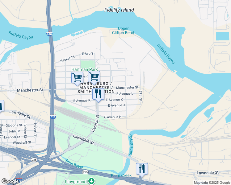 map of restaurants, bars, coffee shops, grocery stores, and more near 9517 East Avenue L in Houston