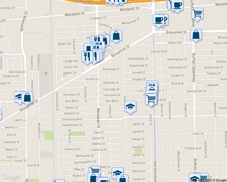 map of restaurants, bars, coffee shops, grocery stores, and more near 3825 Coleridge Street in Houston