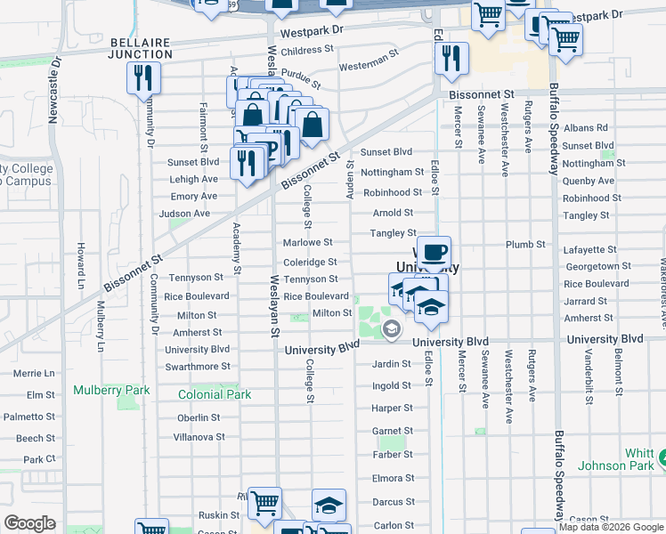 map of restaurants, bars, coffee shops, grocery stores, and more near 3825 Coleridge Street in Houston