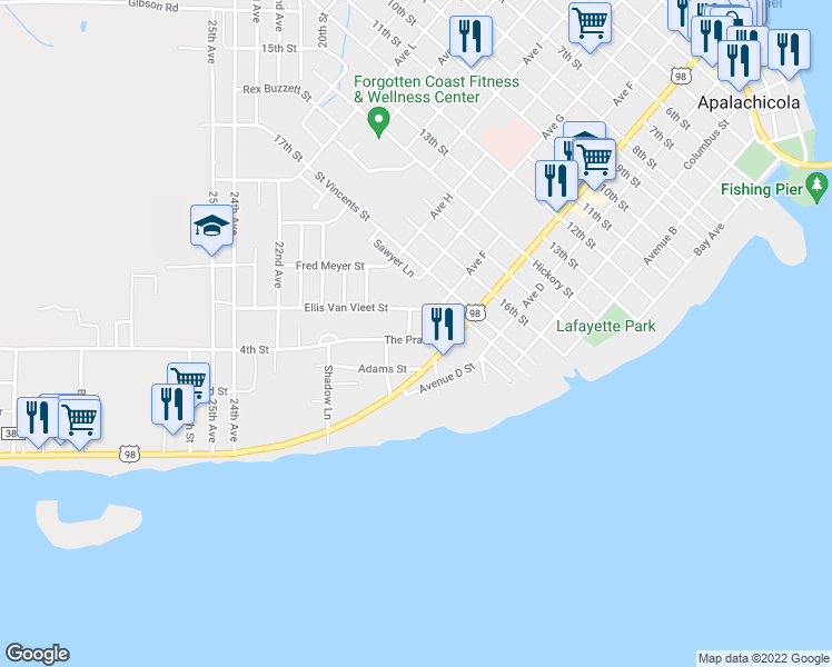 map of restaurants, bars, coffee shops, grocery stores, and more near 237 The Prado in Apalachicola