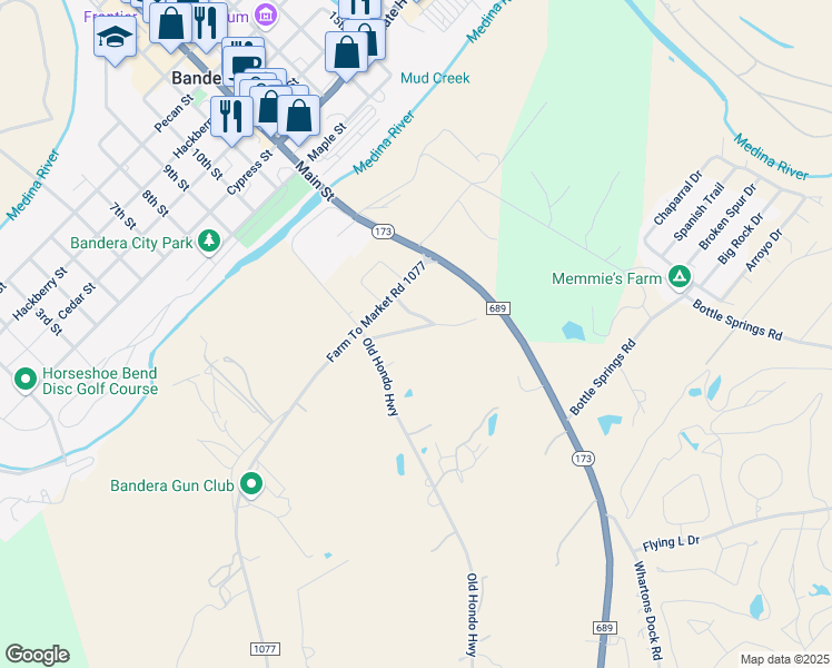 map of restaurants, bars, coffee shops, grocery stores, and more near 158 Sunset Hills Drive in Bandera