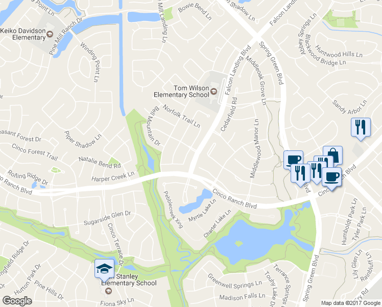 map of restaurants, bars, coffee shops, grocery stores, and more near 4803 Mesquite Meadow Lane in Katy