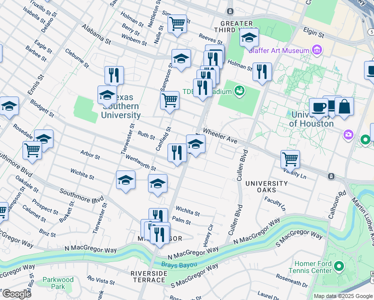 map of restaurants, bars, coffee shops, grocery stores, and more near in Houston