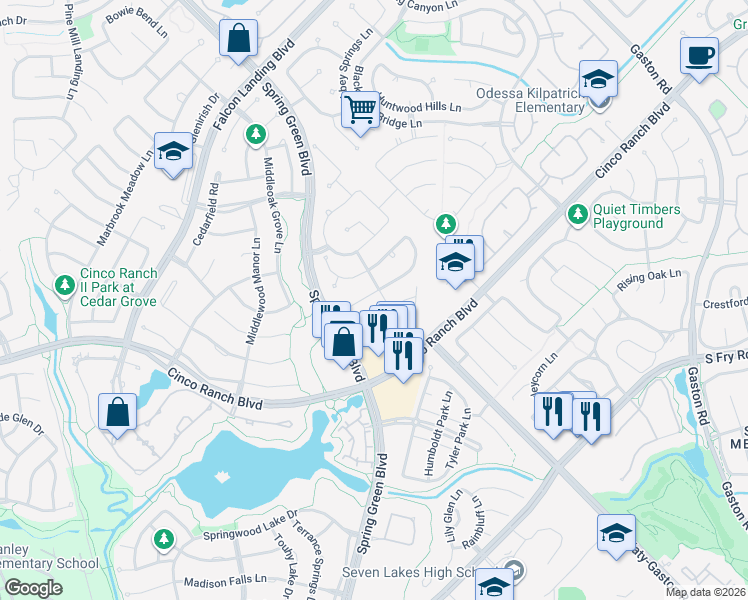 map of restaurants, bars, coffee shops, grocery stores, and more near 27007 Camirillo Creek Lane in Katy