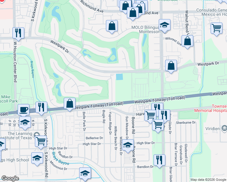 map of restaurants, bars, coffee shops, grocery stores, and more near 3903 Antibes Lane in Houston