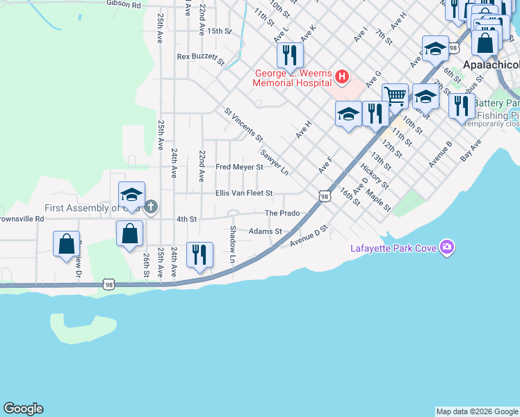map of restaurants, bars, coffee shops, grocery stores, and more near 253 Prado Street in Apalachicola