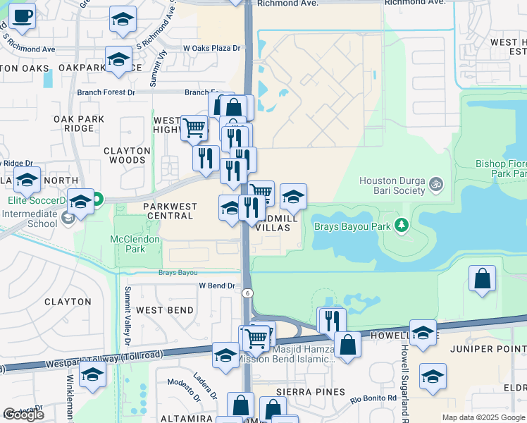 map of restaurants, bars, coffee shops, grocery stores, and more near 3601 South Texas 6 in Houston