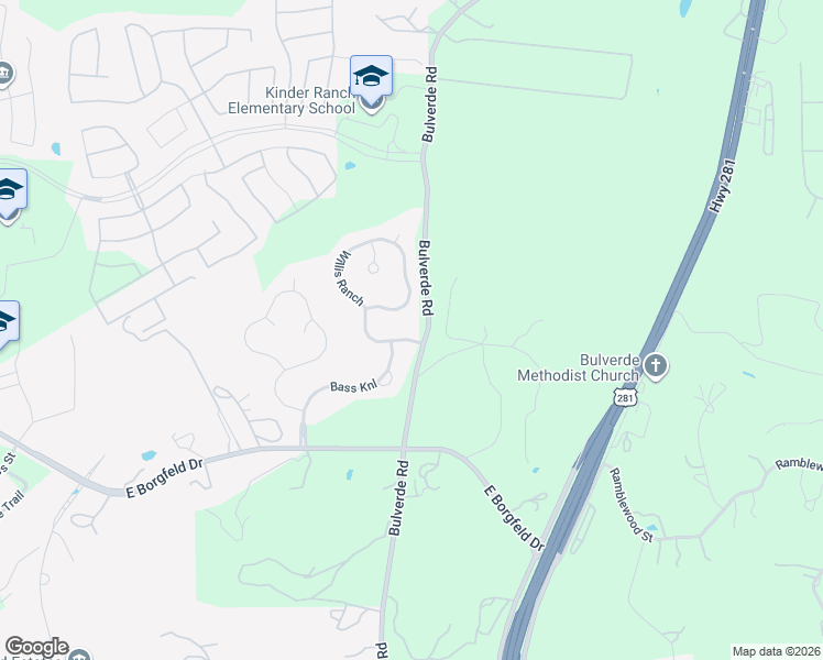 map of restaurants, bars, coffee shops, grocery stores, and more near 28206 Willis Ranch in San Antonio
