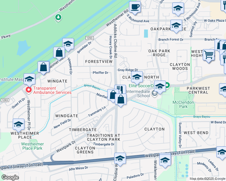 map of restaurants, bars, coffee shops, grocery stores, and more near 15707 Timber Rock Drive in Houston