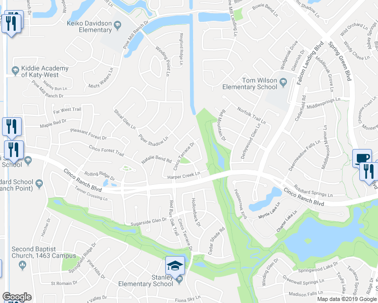 map of restaurants, bars, coffee shops, grocery stores, and more near 27414 Cinco Terrace Drive in Katy