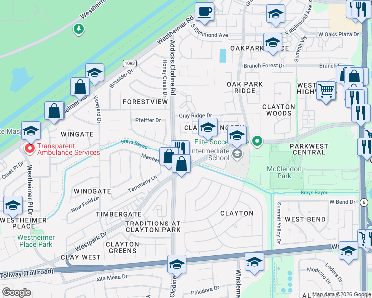map of restaurants, bars, coffee shops, grocery stores, and more near 3635 Clayton Trace Trail in Houston