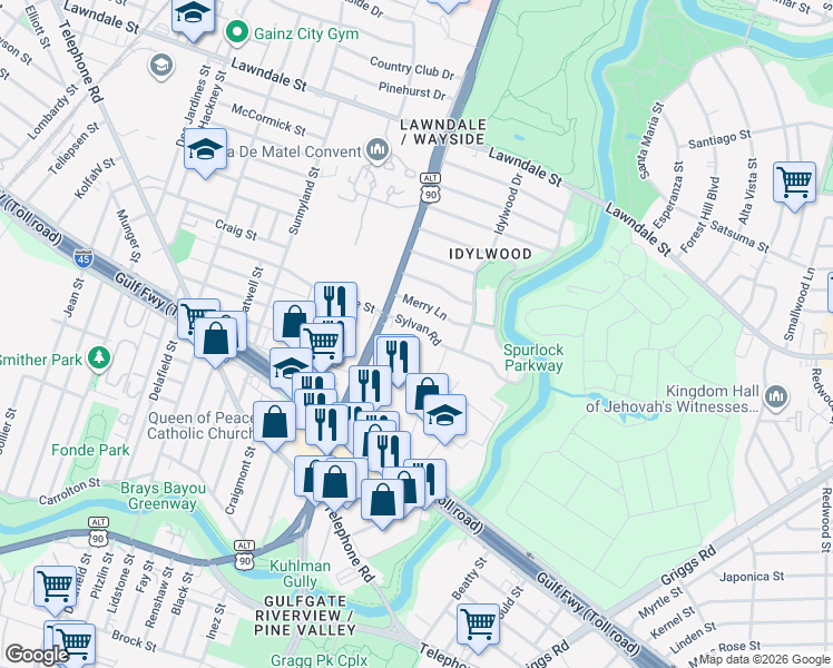 map of restaurants, bars, coffee shops, grocery stores, and more near 6616 Sylvan Road in Houston