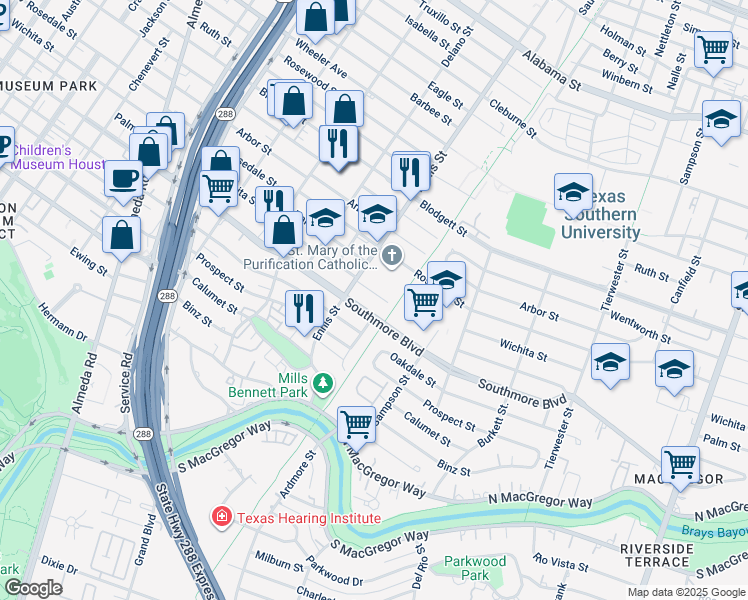 map of restaurants, bars, coffee shops, grocery stores, and more near 3111 Wichita Street in Houston