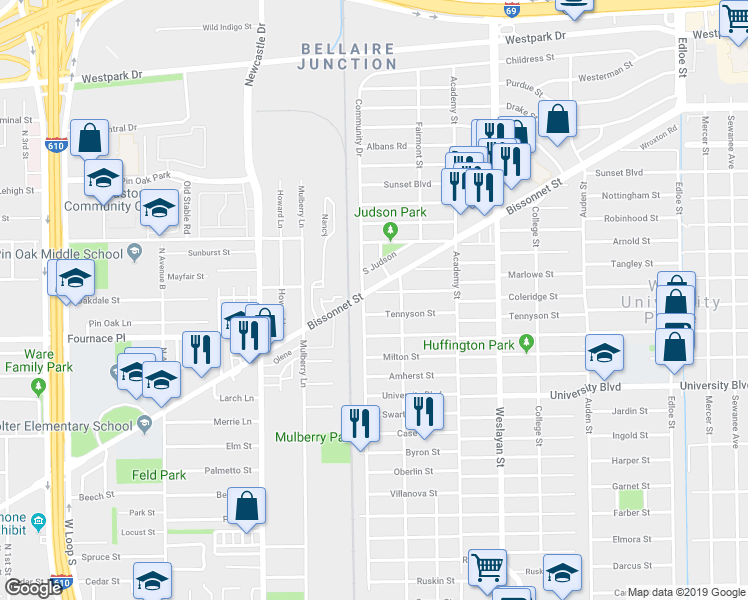 map of restaurants, bars, coffee shops, grocery stores, and more near 4229 Coleridge Street in Houston