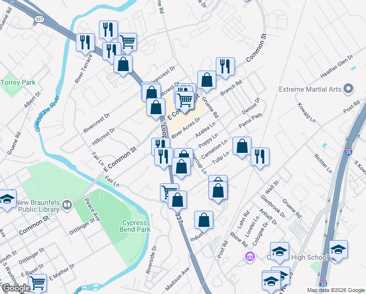 map of restaurants, bars, coffee shops, grocery stores, and more near 876 Texas 337 Loop in New Braunfels