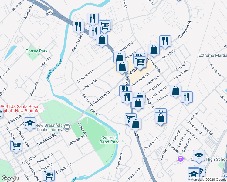 map of restaurants, bars, coffee shops, grocery stores, and more near 1250 Common Street in New Braunfels