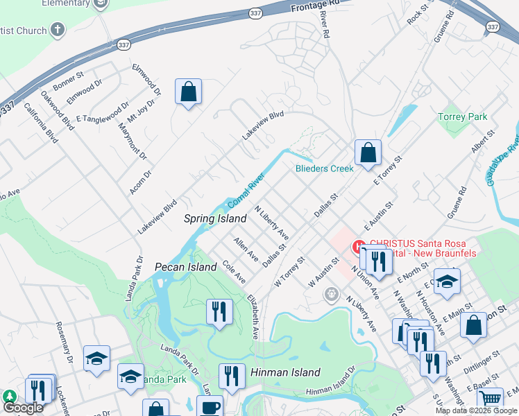 map of restaurants, bars, coffee shops, grocery stores, and more near 314 West Edgewater Terrace in New Braunfels