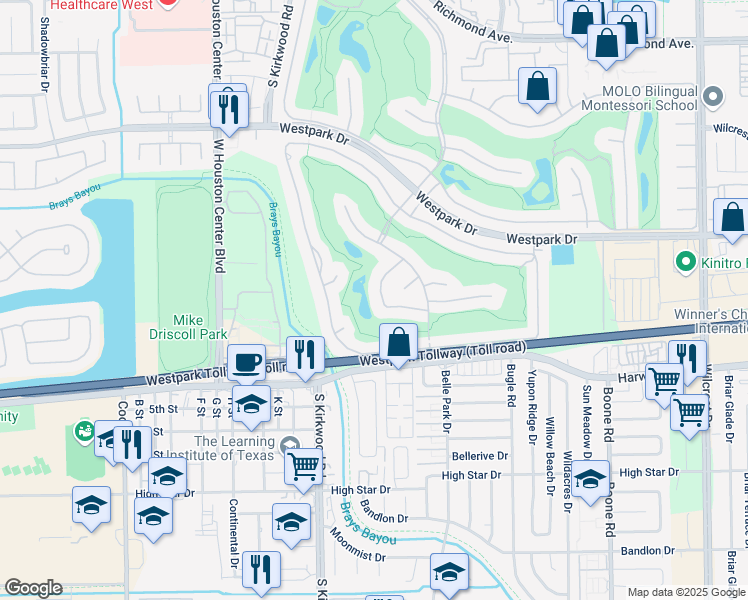 map of restaurants, bars, coffee shops, grocery stores, and more near 3606 Saint Tropez Way in Houston
