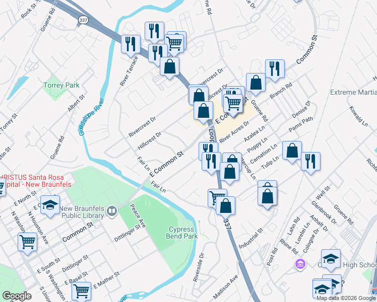 map of restaurants, bars, coffee shops, grocery stores, and more near 1250 Common Street in New Braunfels
