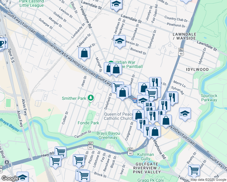 map of restaurants, bars, coffee shops, grocery stores, and more near 5512 Gulf Freeway in Houston