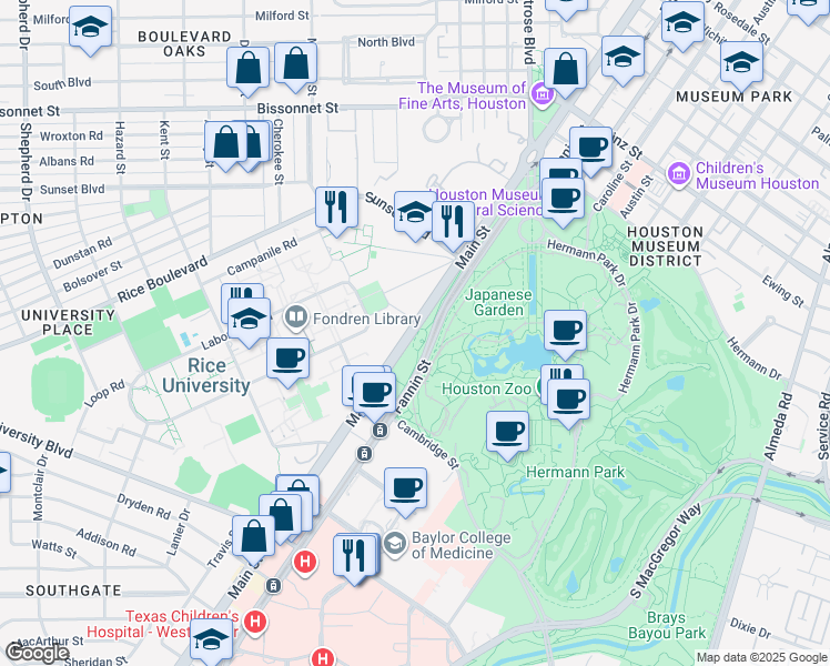map of restaurants, bars, coffee shops, grocery stores, and more near 6265 Main street in Houston
