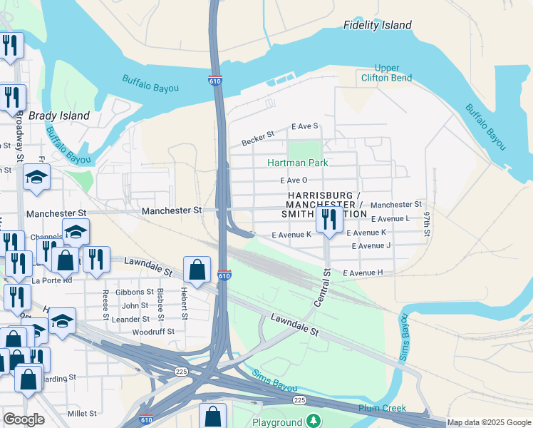 map of restaurants, bars, coffee shops, grocery stores, and more near 9216 Manchester Street in Houston