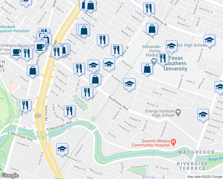 map of restaurants, bars, coffee shops, grocery stores, and more near 3111 Wichita Street in Houston