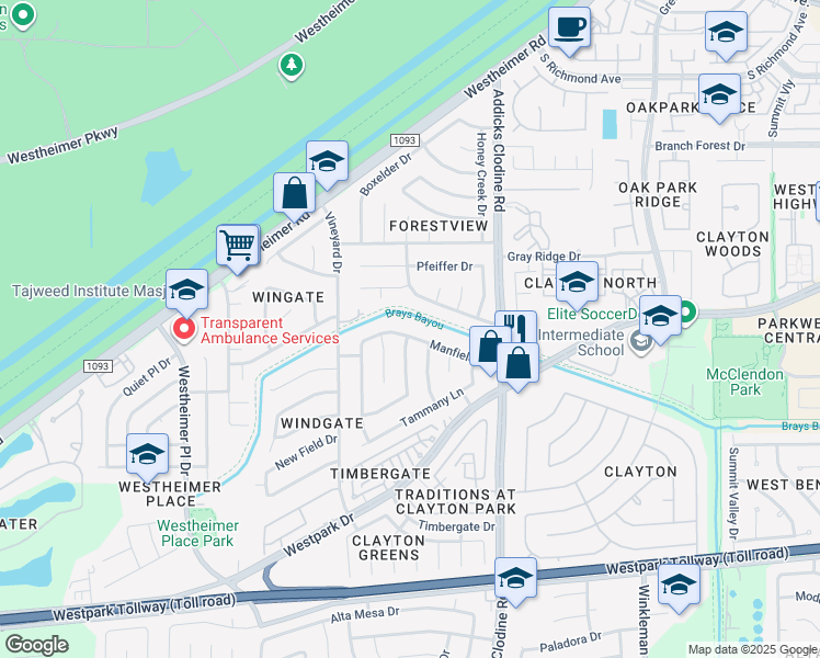 map of restaurants, bars, coffee shops, grocery stores, and more near 15834 Manfield Drive in Houston