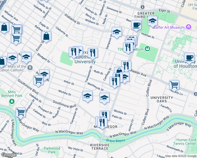 map of restaurants, bars, coffee shops, grocery stores, and more near 3525 Blodgett Street in Houston