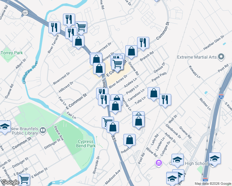 map of restaurants, bars, coffee shops, grocery stores, and more near 876 Texas 337 Loop in New Braunfels