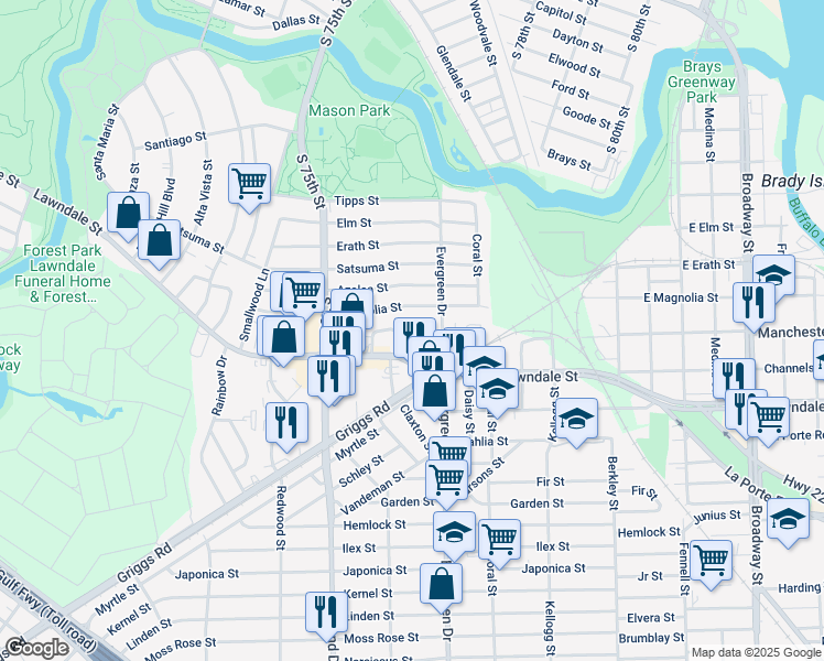 map of restaurants, bars, coffee shops, grocery stores, and more near 7125 Manchester Street in Houston