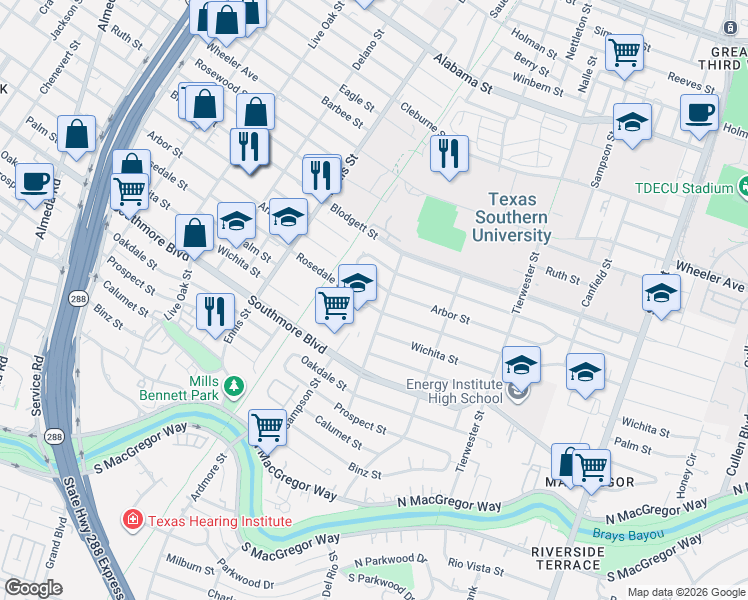 map of restaurants, bars, coffee shops, grocery stores, and more near 3200 Rosedale Street in Houston