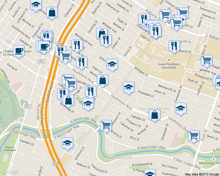 map of restaurants, bars, coffee shops, grocery stores, and more near 3111 Wichita Street in Houston