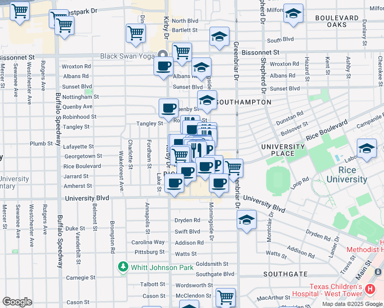 map of restaurants, bars, coffee shops, grocery stores, and more near 5217 Kelvin Drive in Houston