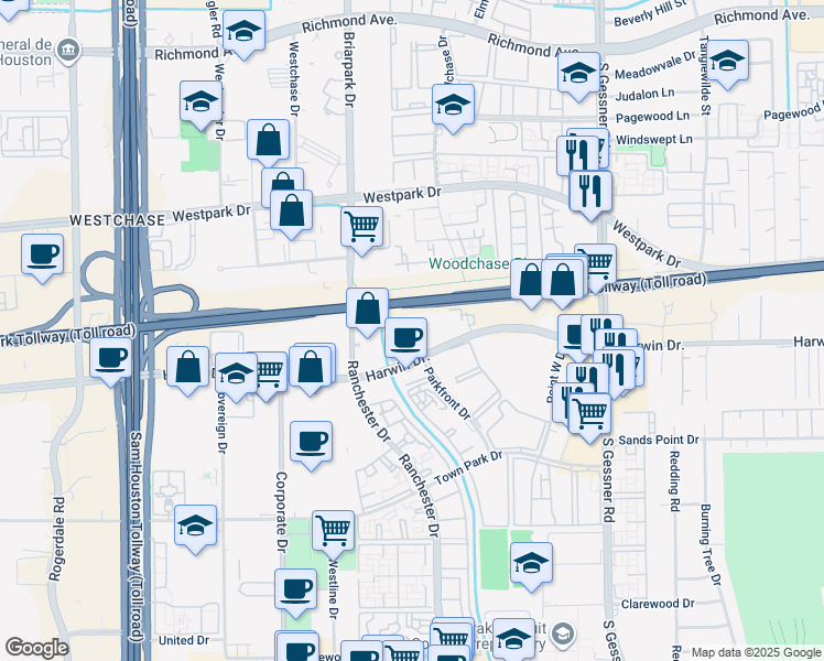 map of restaurants, bars, coffee shops, grocery stores, and more near 10300 Harwin Drive in Houston