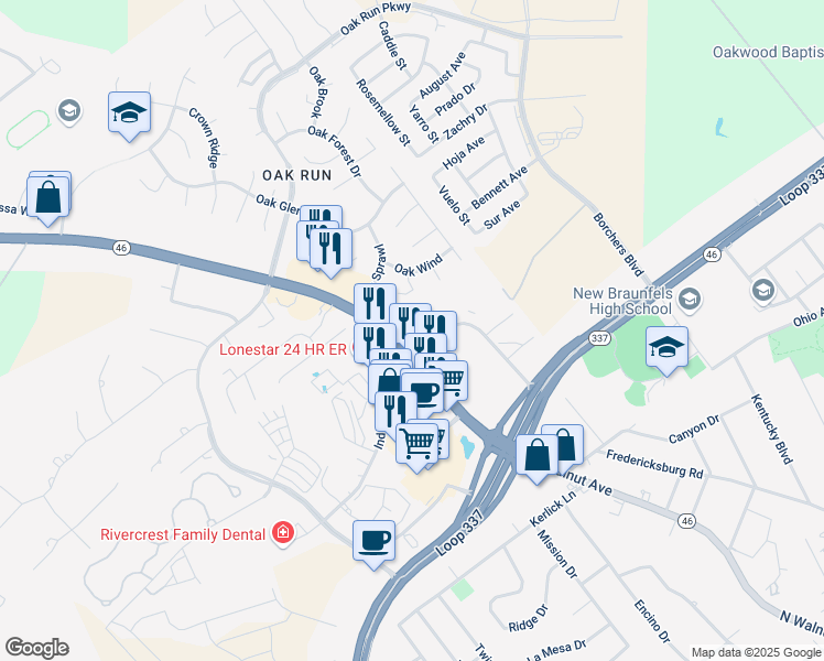map of restaurants, bars, coffee shops, grocery stores, and more near 1750 Texas 46 in New Braunfels