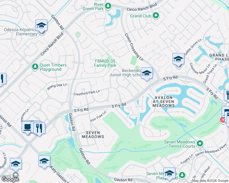 map of restaurants, bars, coffee shops, grocery stores, and more near 25707 Caddo Passway in Katy